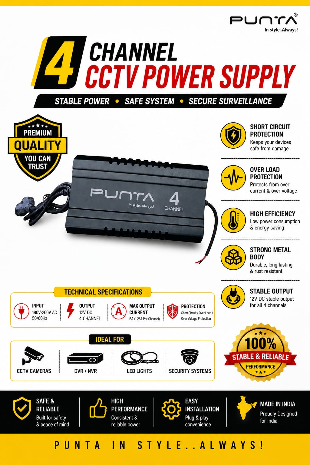 PUNTA 4 Channel CCTV Power Supply 12V 5A