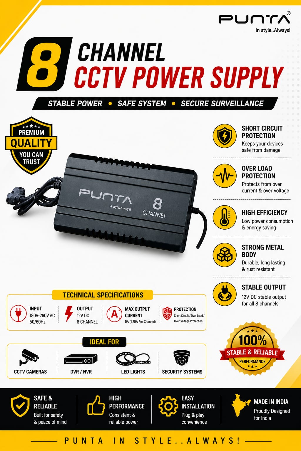PUNTA 8 Channel CCTV Power Supply 12V 5A